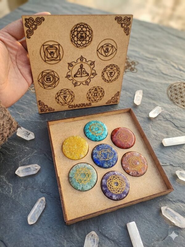 Set de Piedra Orgon Grabado 7 Chakras C/Caja