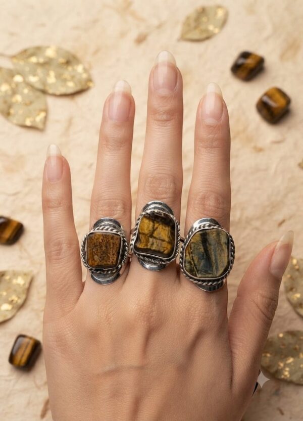 Anillo Alpaca Regulable Piedra Energetica Ojo de Tigre Rustico